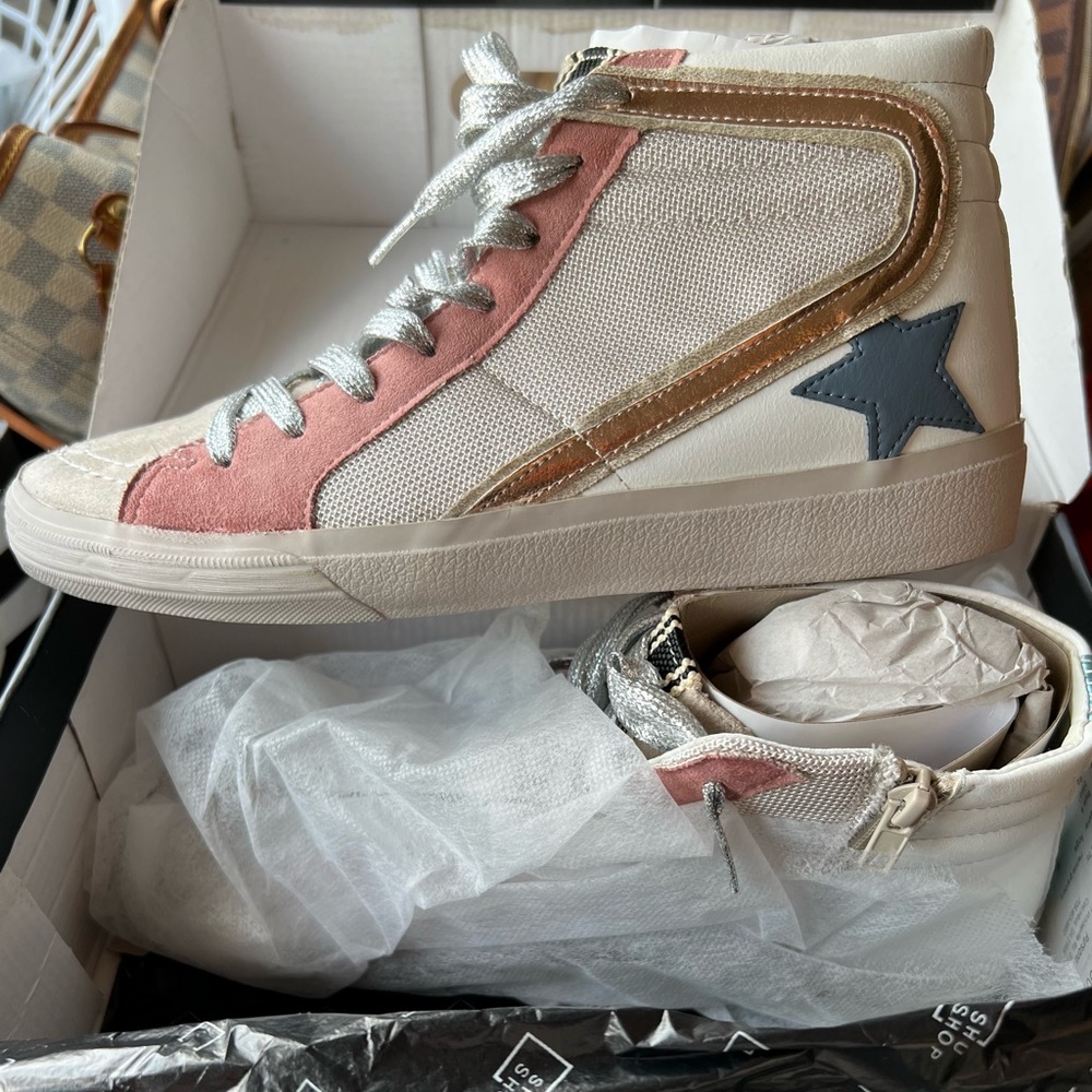 ShuShop Women's High-Top Sneakers in Cream, Pink & Gold with Blue Star